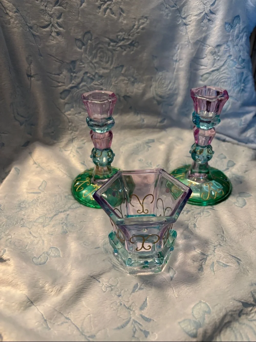 Party Lite Glass Votive Holder & Candlesticks - Pastel Purple, Teal & Green - Picture 1 of 5